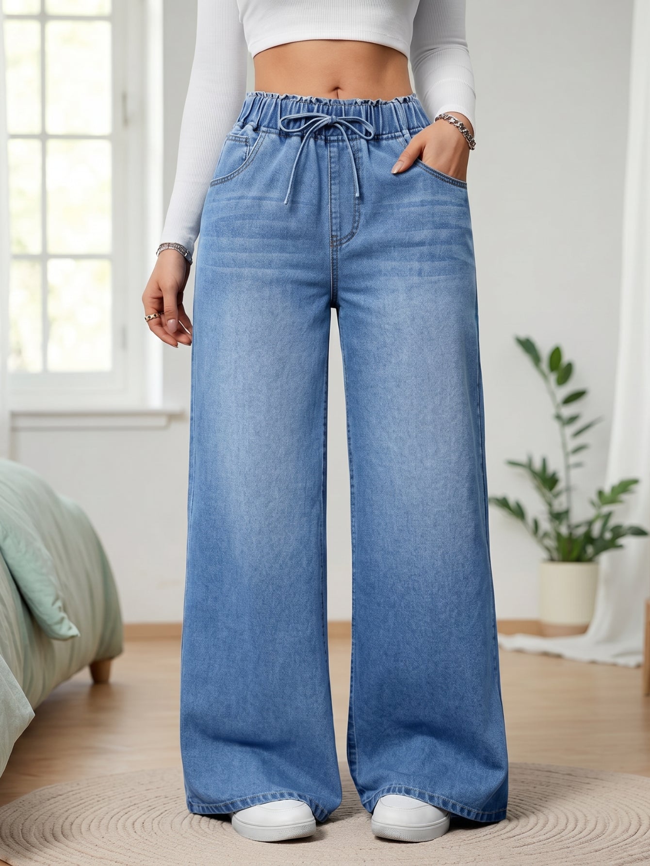 High Waisted Drawstring Wide Leg Jeans