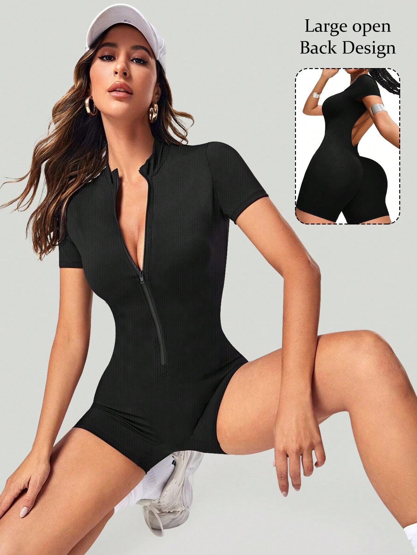 Ribbed Zip Up Workout Romper