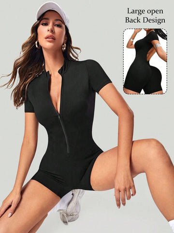 Ribbed Zip Up Workout Romper