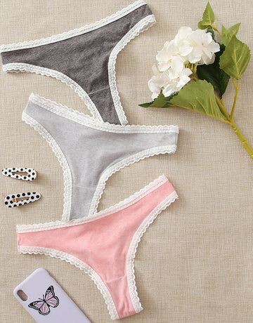 Soft Ribbed Lace Trim Thongs