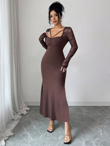 Long Sleeve Lace Panel Formal Bodycon Dress