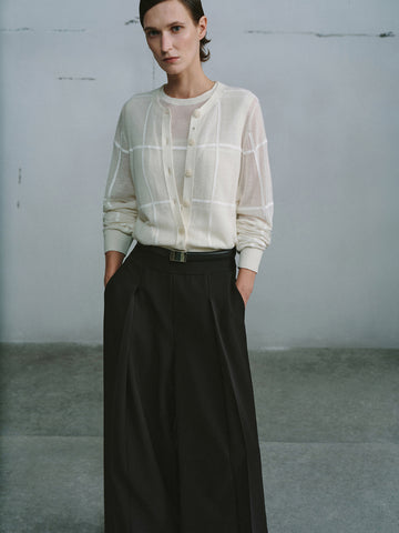 Urban Revivo Crew Neck Contrast Check Knitted Cardigans-Ivory Check