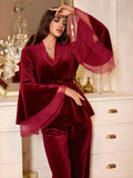 Elegant Velvet Mesh Sleeve Pajama Set