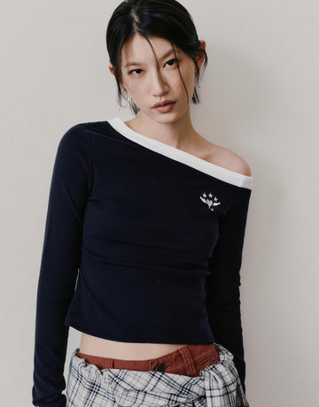 Urban Revivo Contrast Trim One Shoulder Long Sleeve T-Shirts-Navy Blue