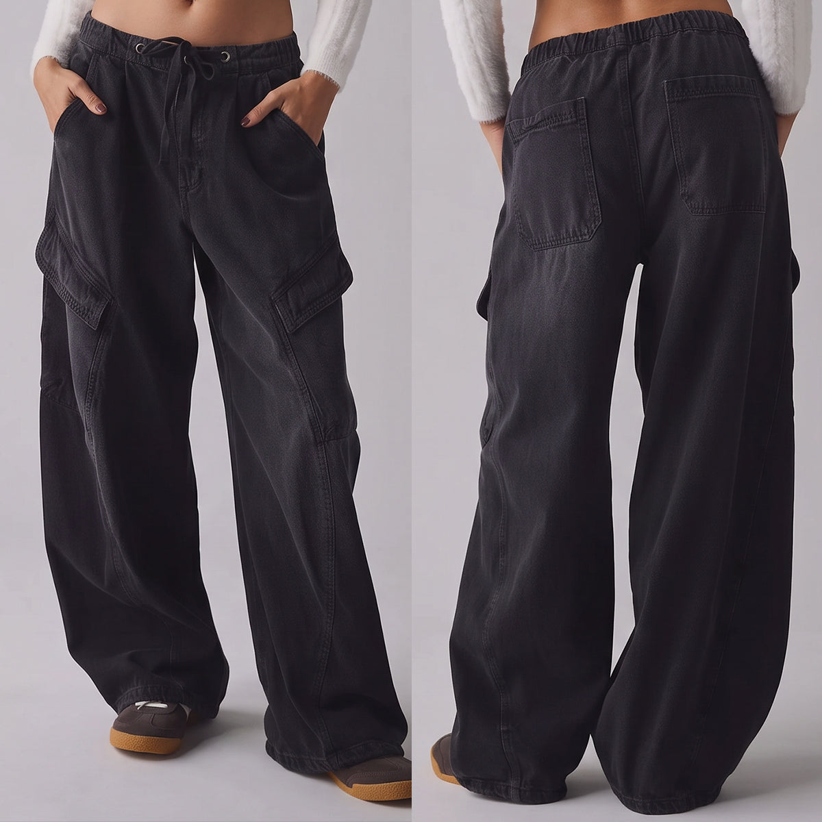 Drawstring High Waisted Cargo Jeans
