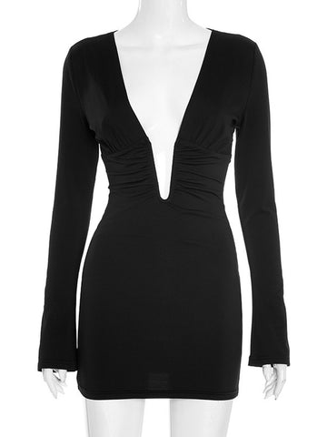 Sexy Plunging Neck Ruched Mini Dress