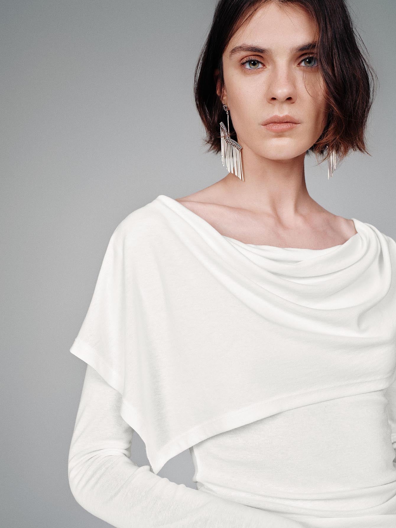 Urban Revivo Draped Long Sleeve T-Shirts-Off-White