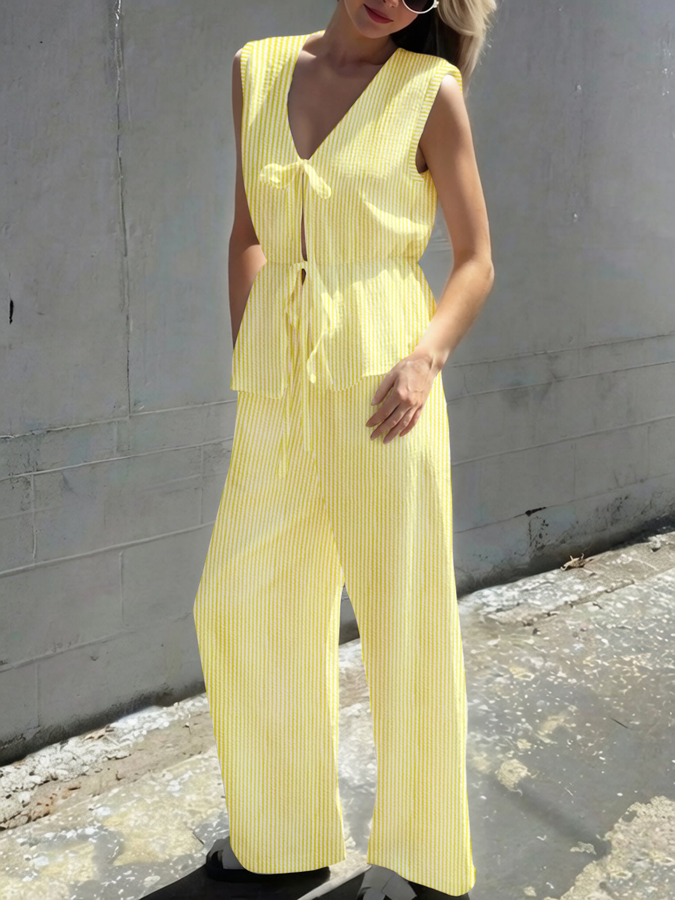 Yellow Striped Sleeveless Pants Set