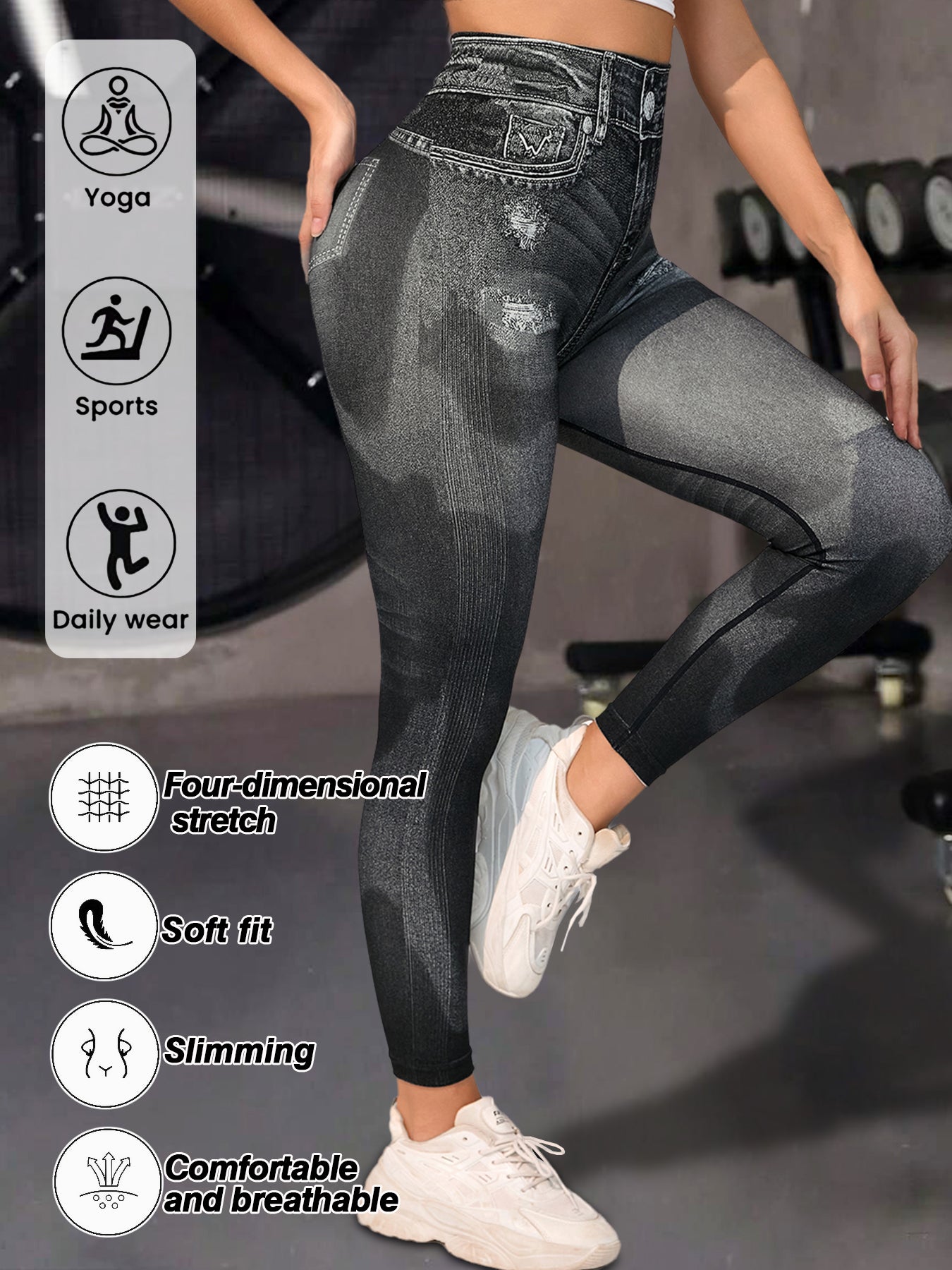 High-Waisted Distressed Casual Jeans-Black