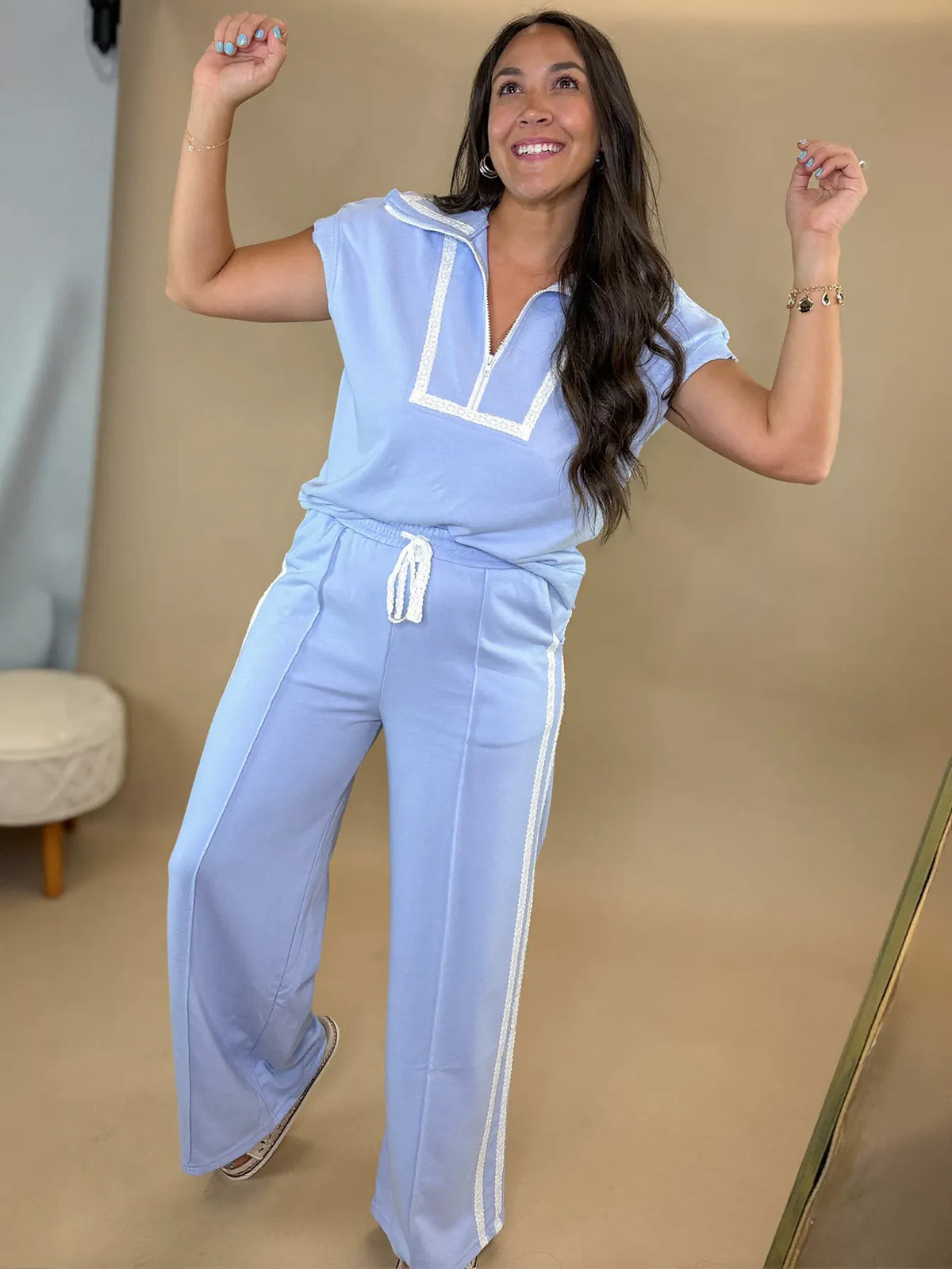 Lace Trim Zip Up Pant Set