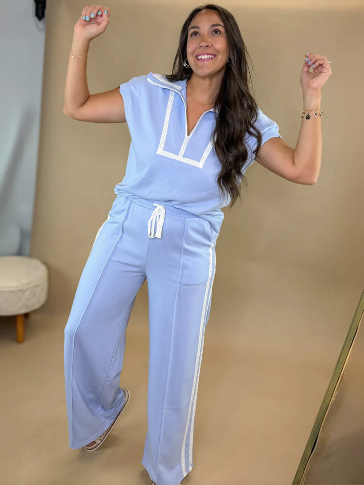 Lace Trim Zip Up Pant Set