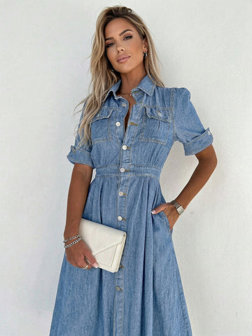 Button Front Pocket Detail Denim Mini Dress