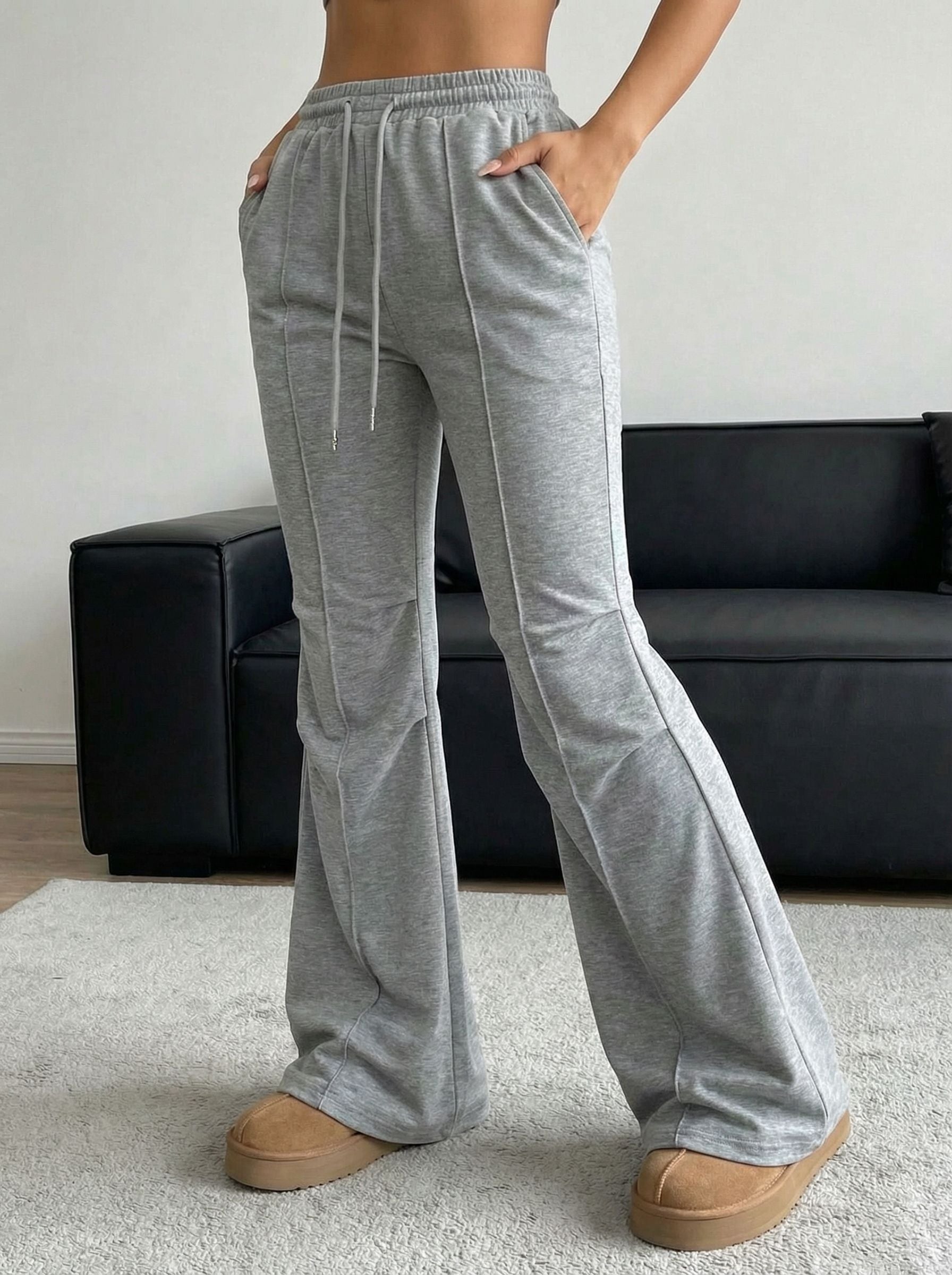 High-Waisted Drawstring Flare Athletic Pants-Gray