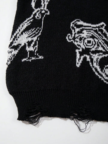 Oversized Graphic Distressed Knit Sweater