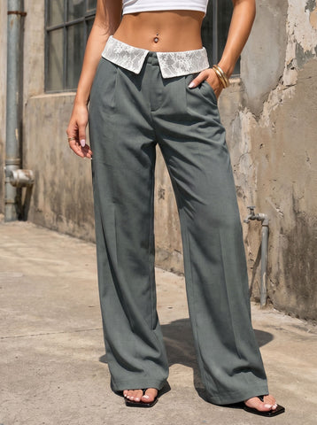 Lace Trim High Waisted Pants
