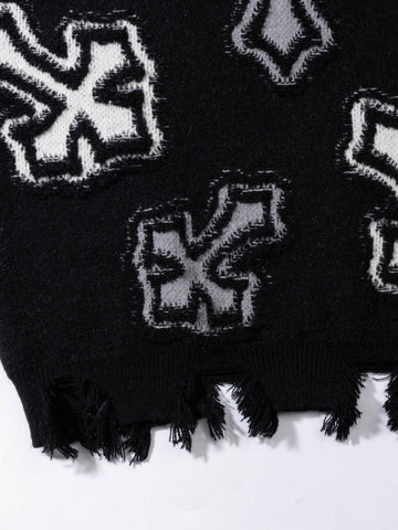 Distressed Gothic Cross Print Sweater