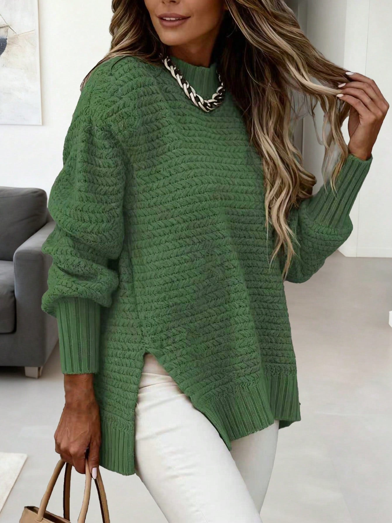Textured Oversized Slit Hem Pullover Sweater