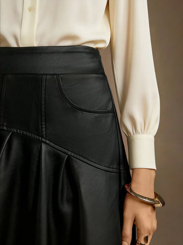 Elegant High Waisted Faux Leather Skirt