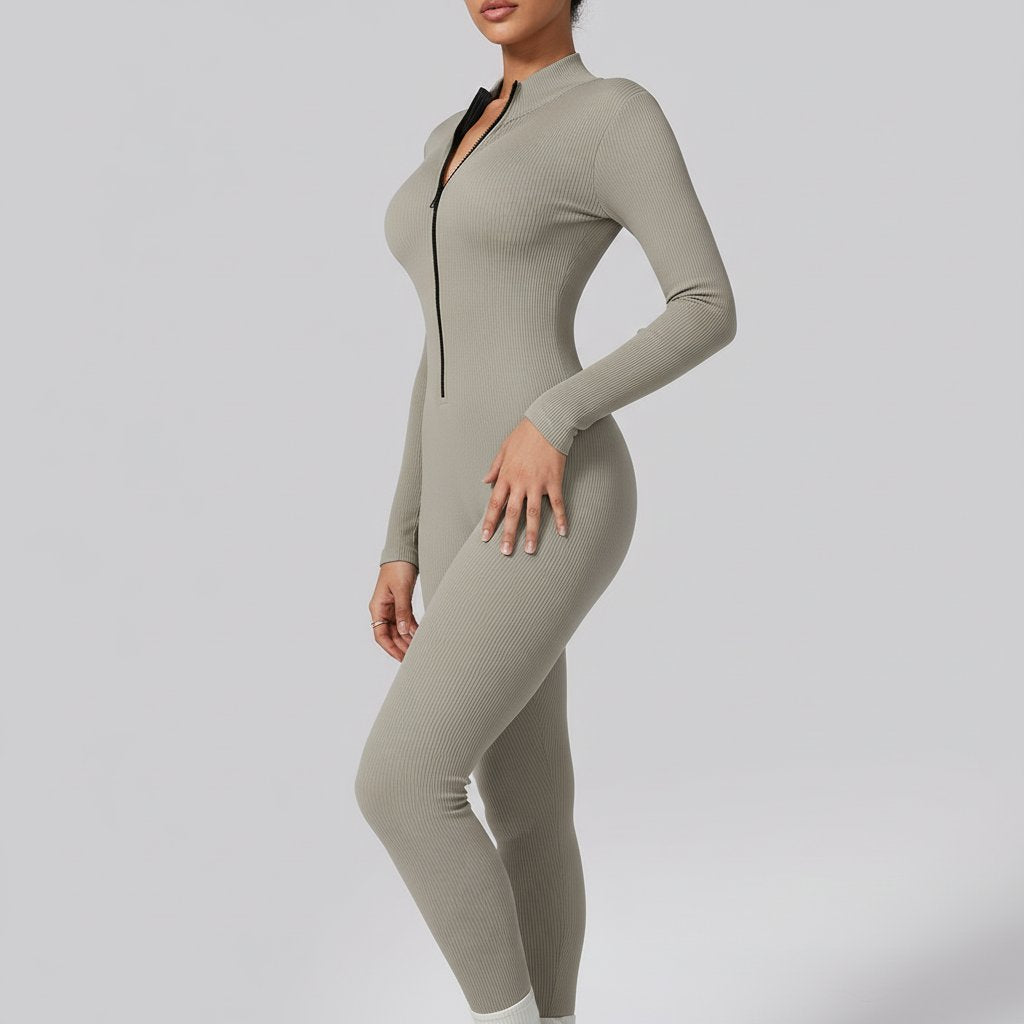 Half-Zip Seamless Activewear Jumpsuit-Multicolor