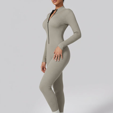Half-Zip Seamless Activewear Jumpsuit-Multicolor