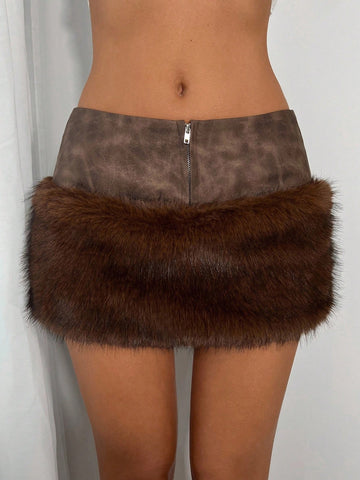 Faux Fur Trim Mini Skirt