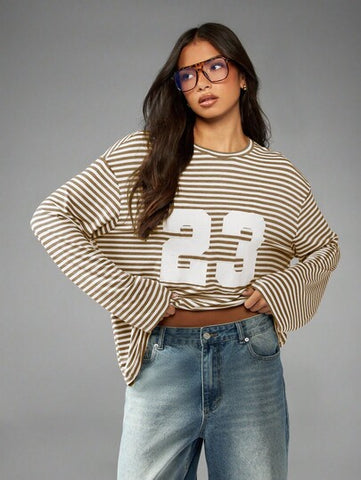 Oversized Striped Graphic Long Sleeve Tee