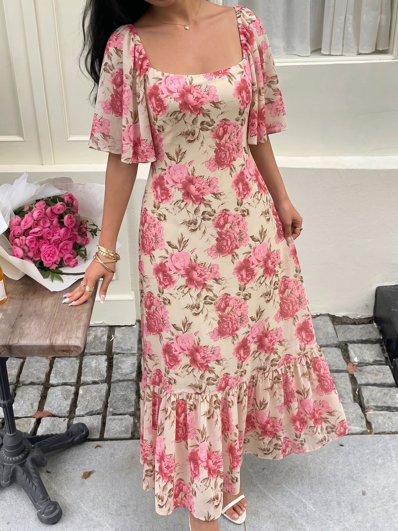 Floral Flutter Sleeve Midi Dress