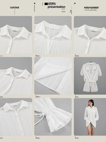Sheer Striped Ruffle Sleeve Button Shirt