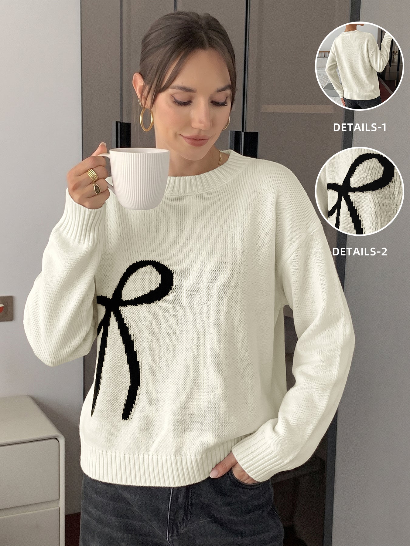 Cozy Bow Graphic Knit Pullover Sweater