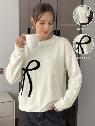 Cozy Bow Graphic Knit Pullover Sweater