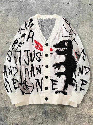 Oversized Graphic Print Knit Cardigan