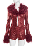 Faux Fur Metallic Short Set