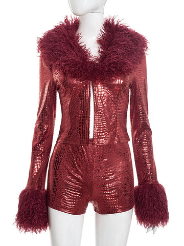 Faux Fur Metallic Short Set