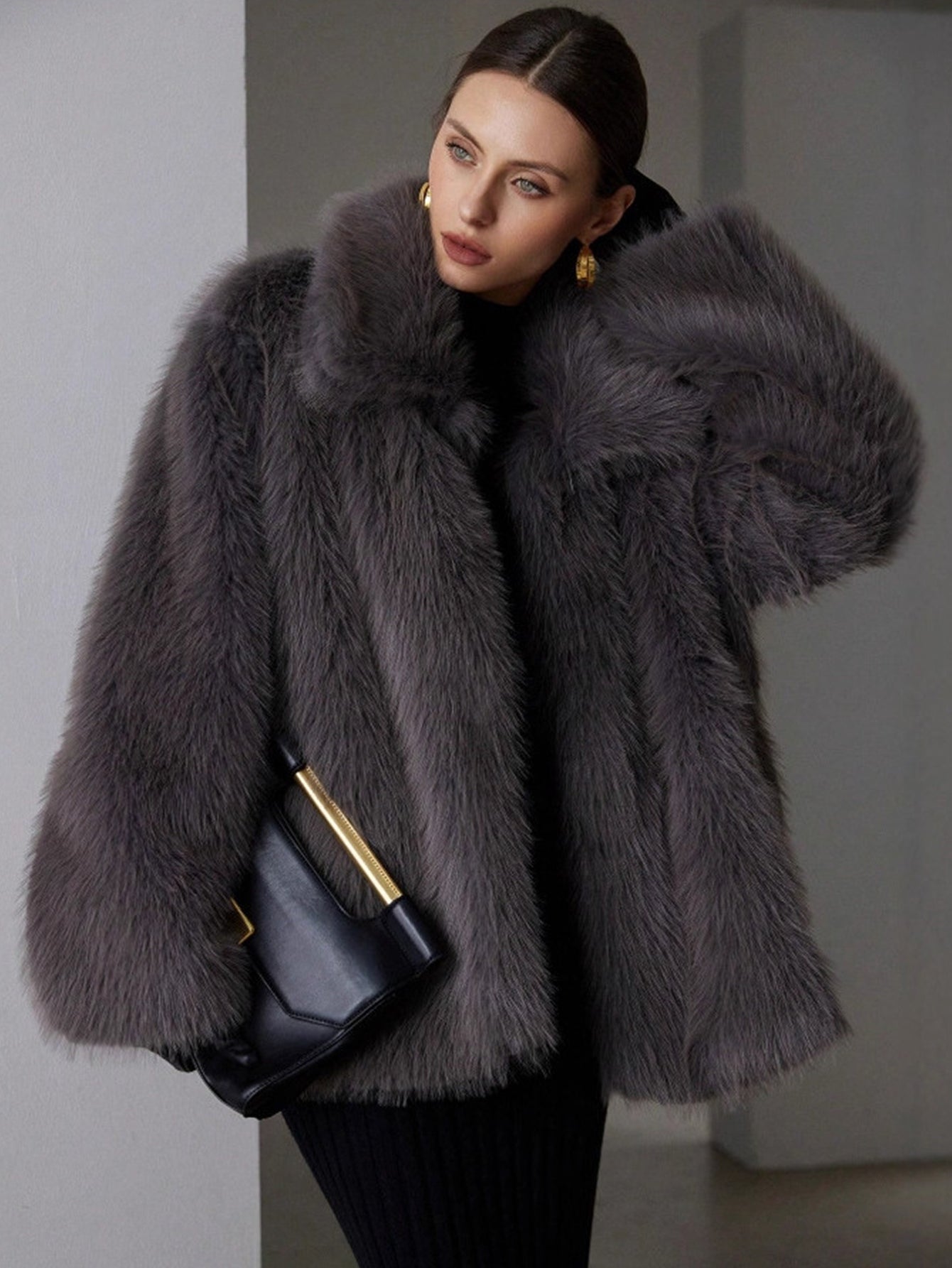 Luxurious Grey Faux Fur Coat