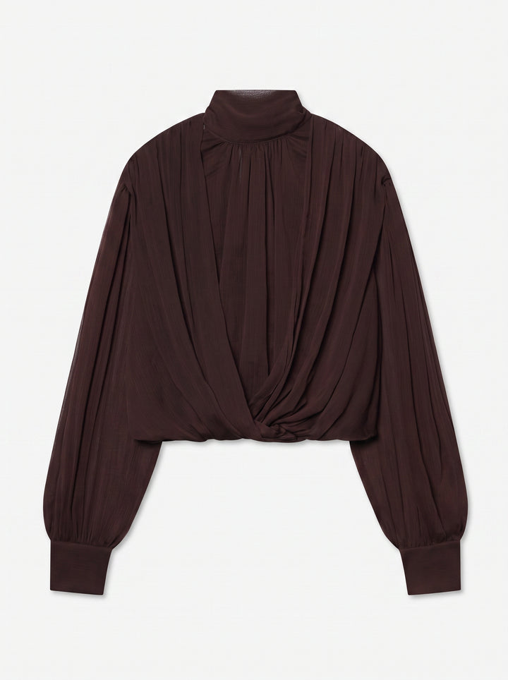Elegant Draped Mock Neck Chiffon Blouse