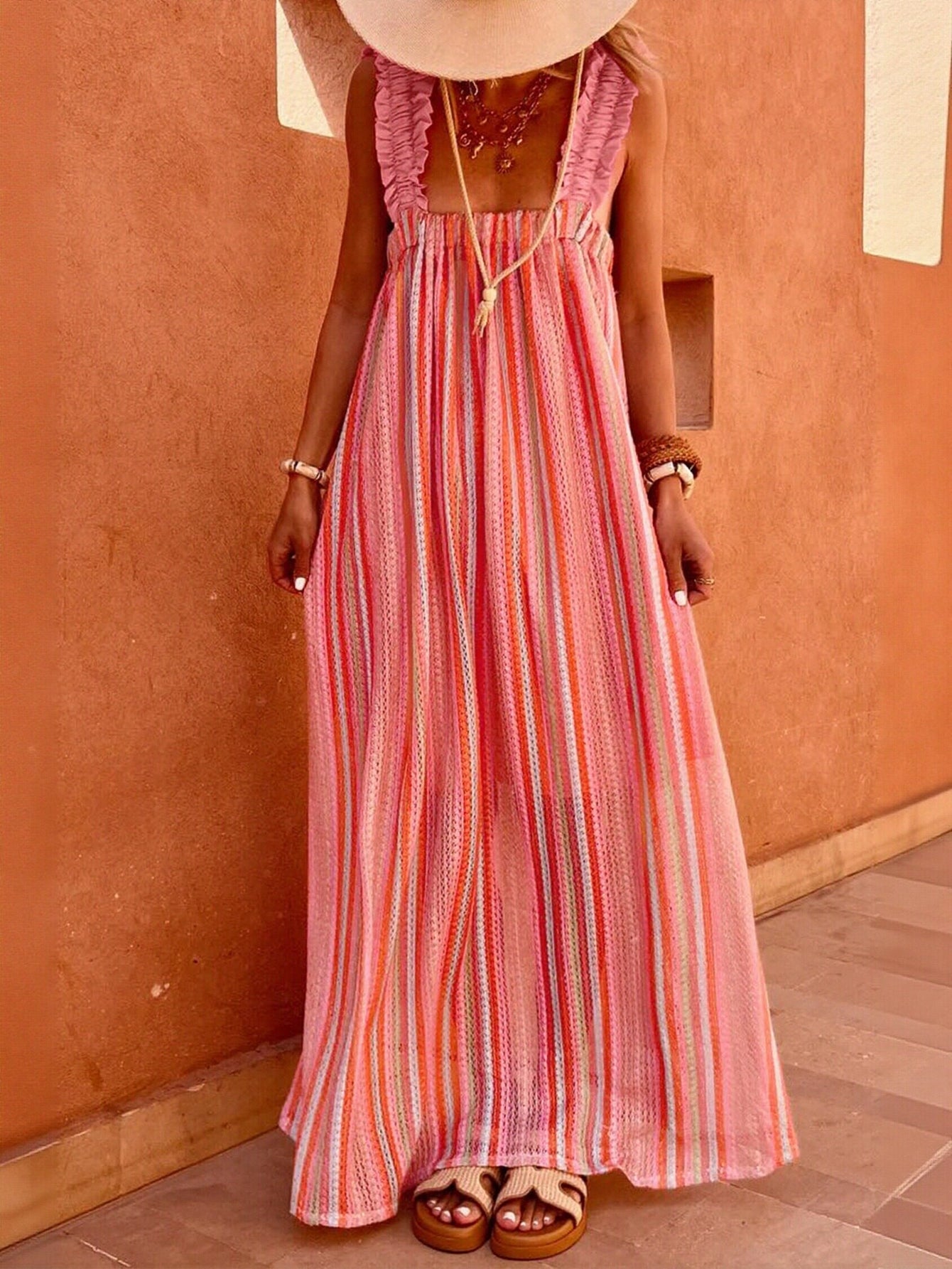 Color Block Ruffle Strap Maxi Dress