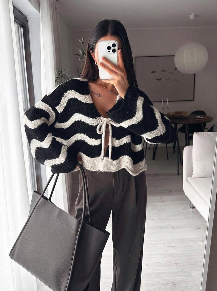 Cropped Striped Tie Front Cardigan
