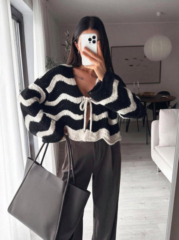 Cropped Striped Tie Front Cardigan