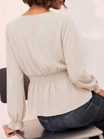 Elegant V Neck Smocked Chiffon Blouse