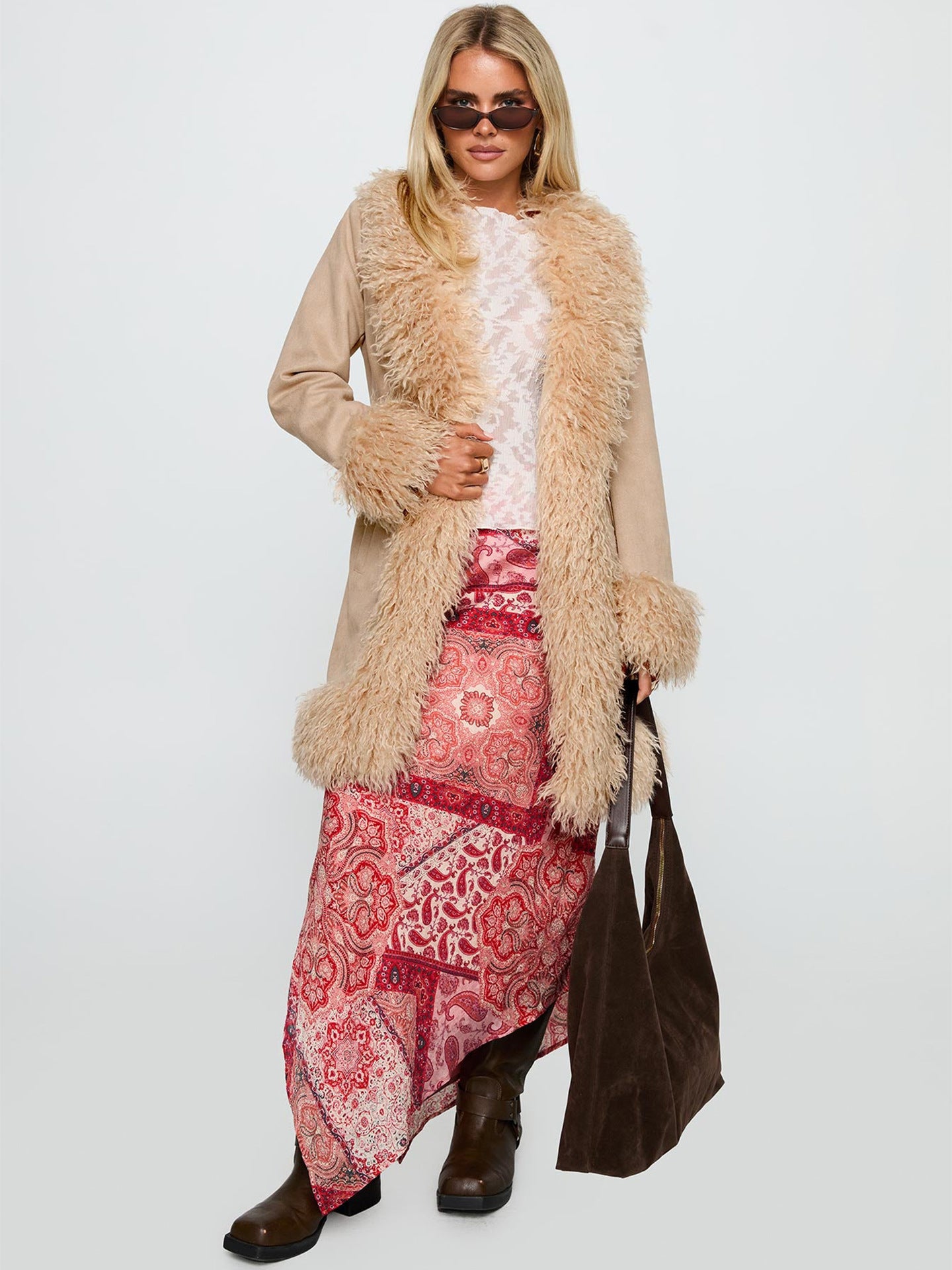 Faux Fur Trim Suede Coat