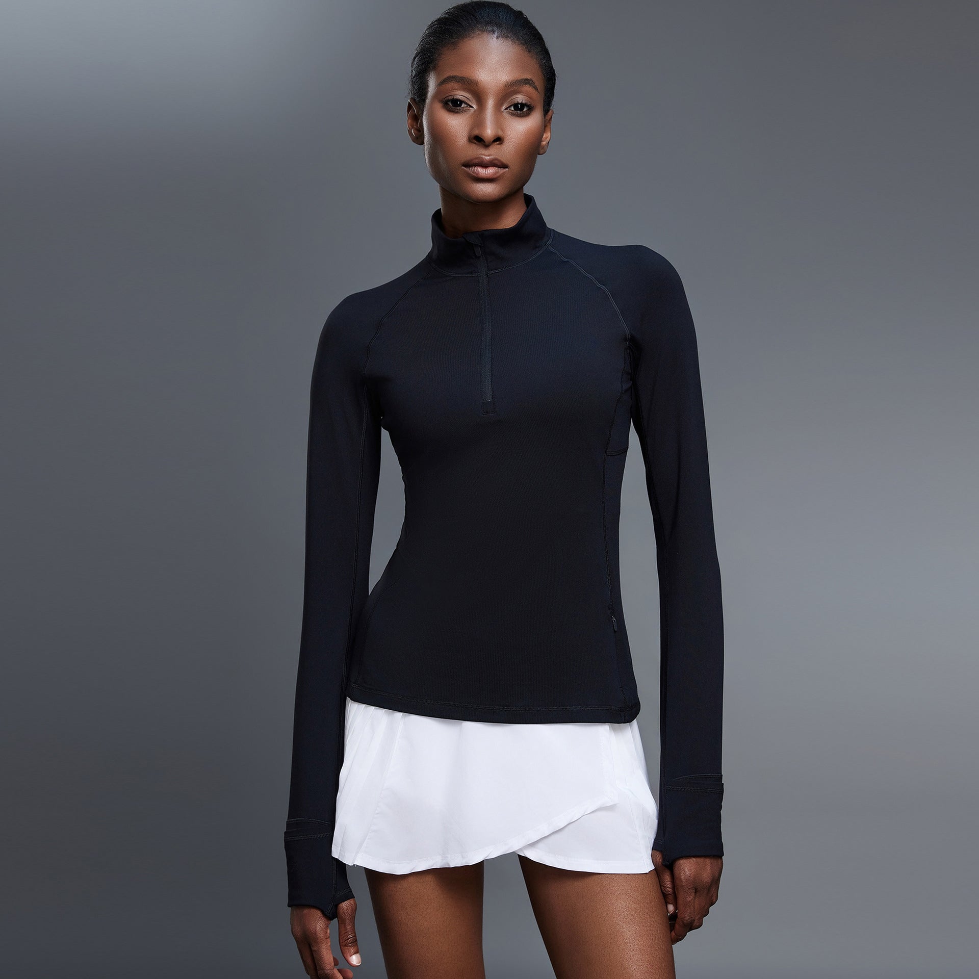 Mock Neck Half-Zip Slimming Fit Sleek Yoga Top-Multicolor