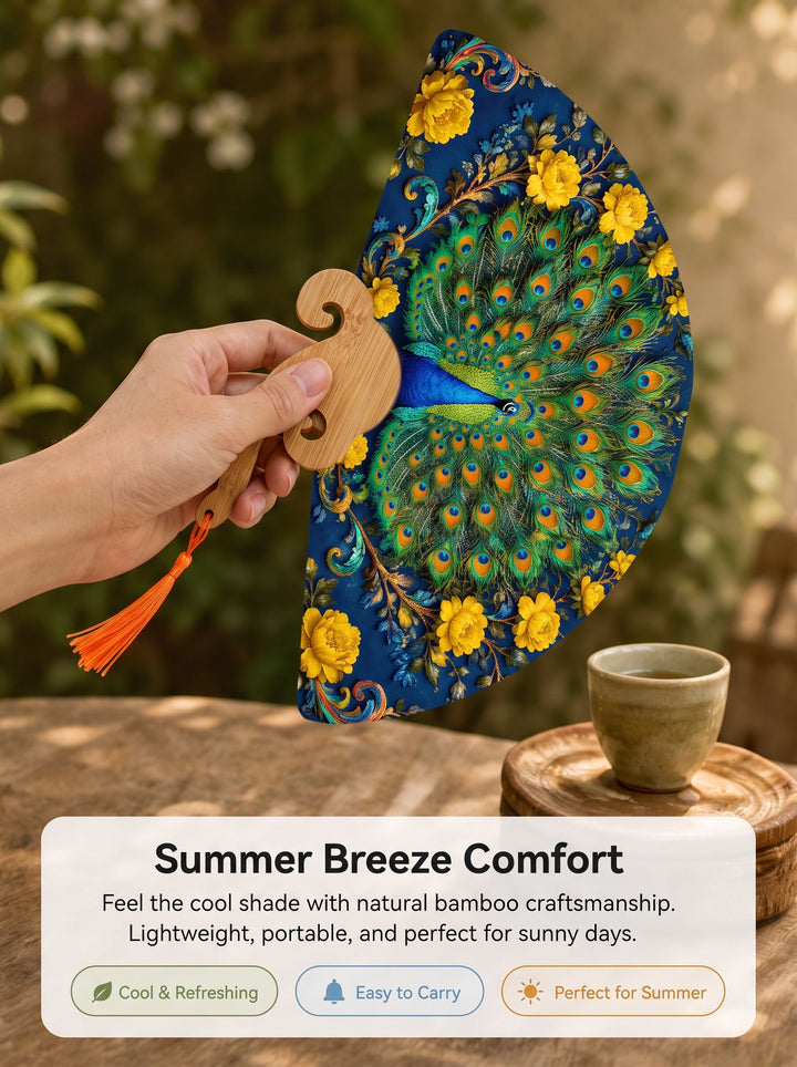 Peacock and Yellow Peonies Folding Fan
