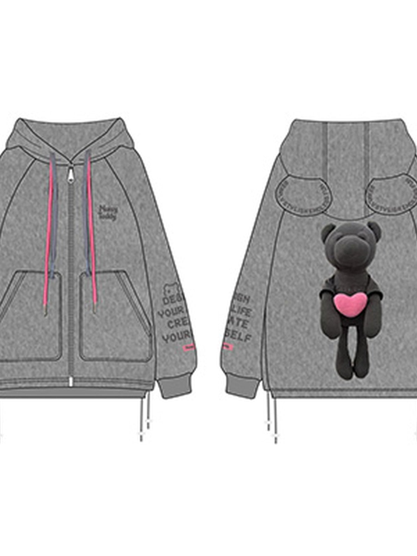 Oversized Graphic Bear Zip Up Hooded Jacket