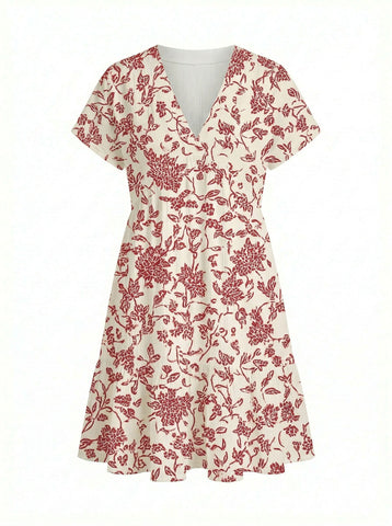 Floral Print V Neck Tiered Babydoll Mini Dress