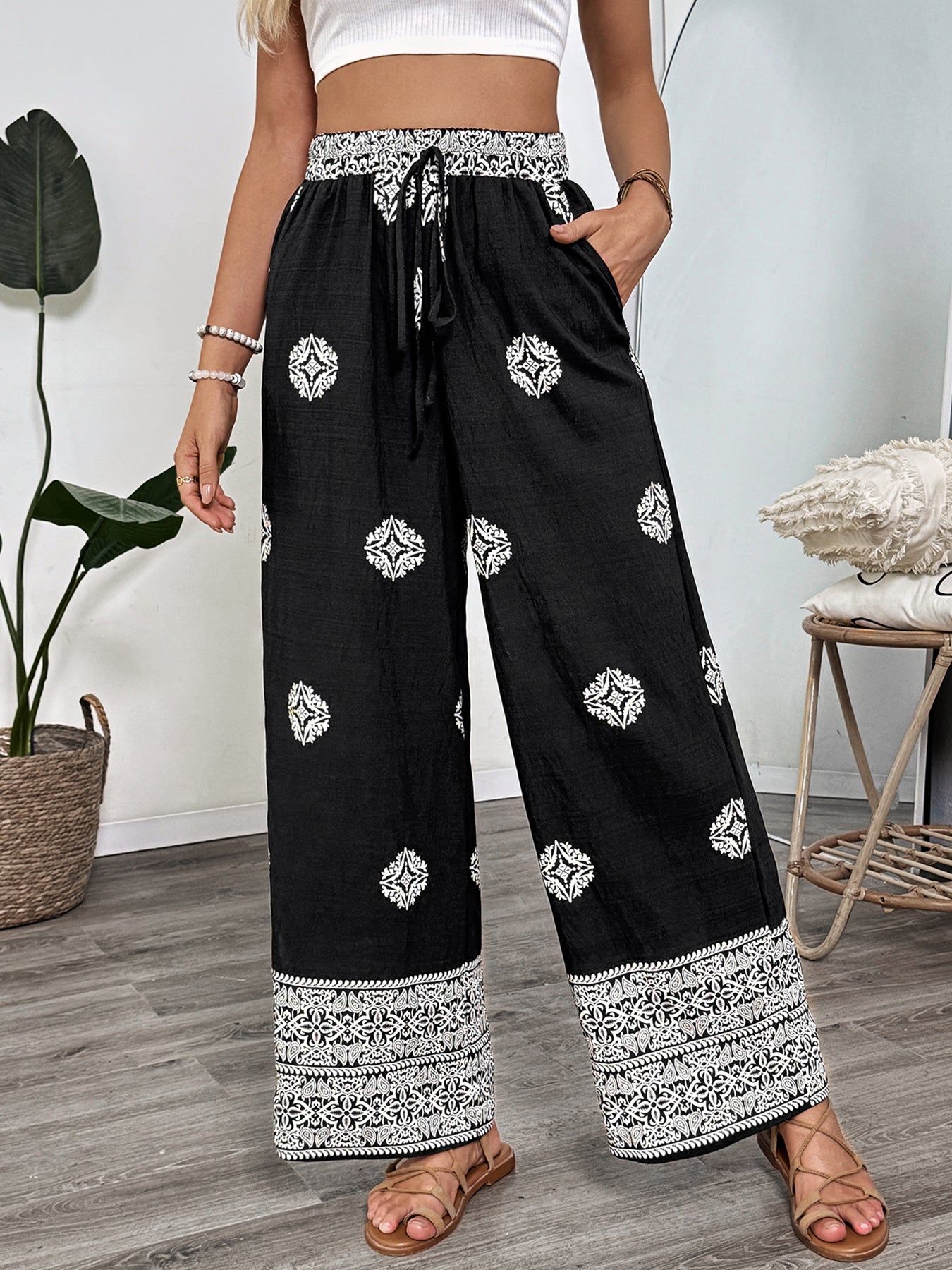 Ethnic Print Drawstring-Waist Relaxed Pants
