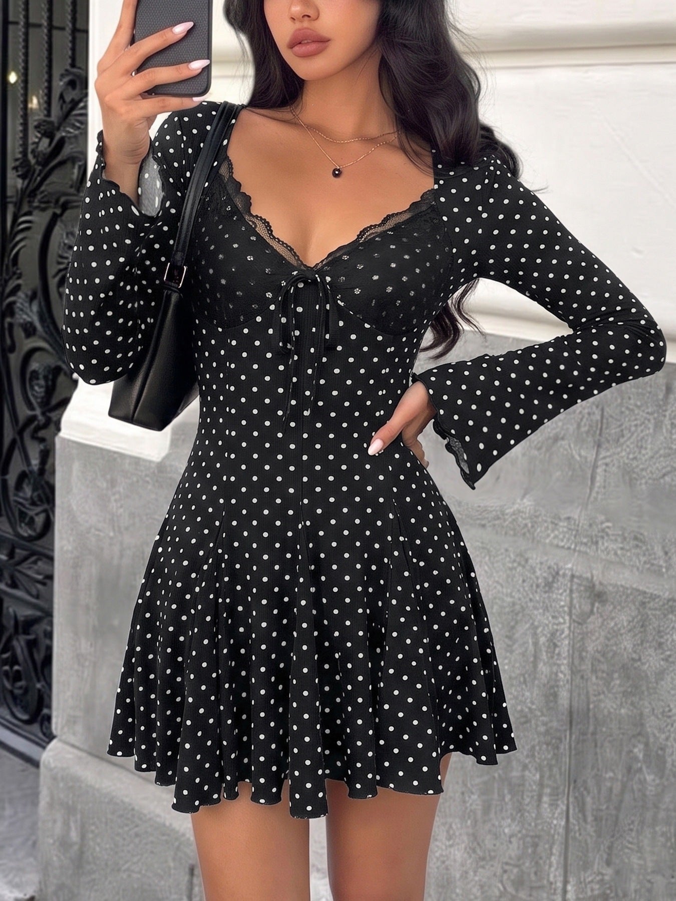 Polka Dot Lace Trim Mini Dress