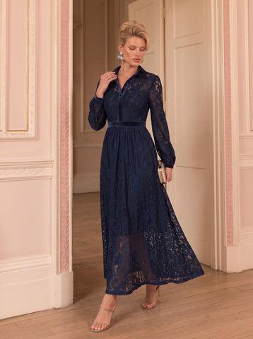 Elegant Navy Lace Midi Dress