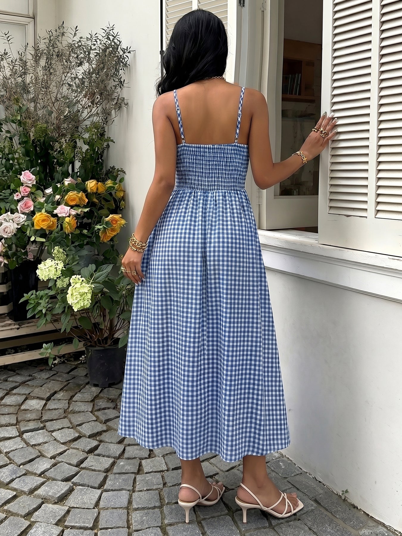 Blue Gingham Midi Summer Dress