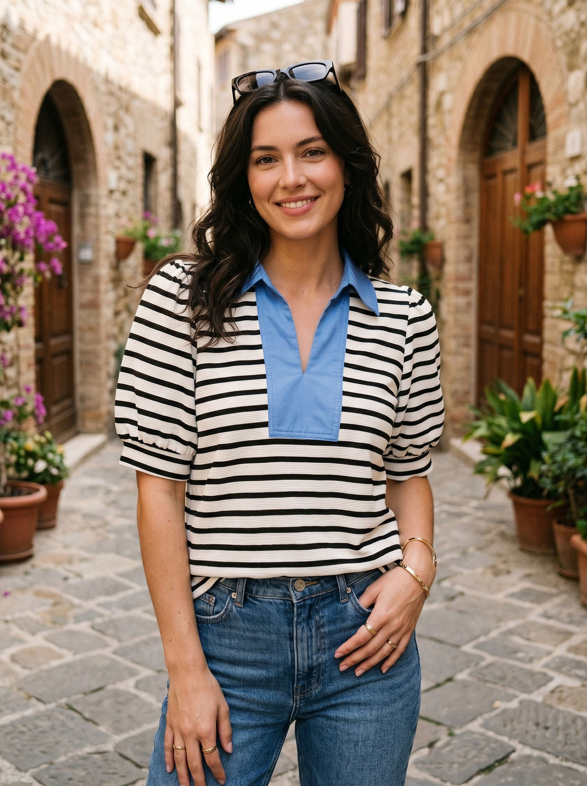 Puff Sleeve Striped Polo T Shirt