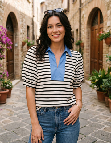 Puff Sleeve Striped Polo T Shirt